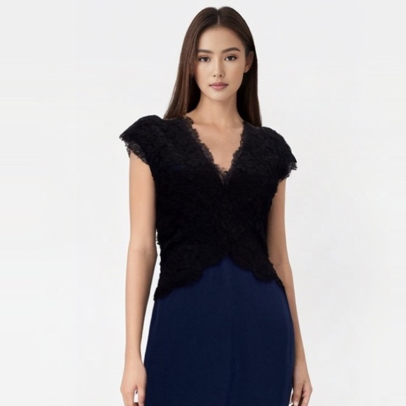 Reem Acra Navy Silk-faille & Black Lace Dress - Picture 2 of 16